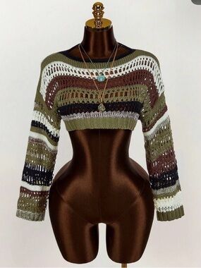 Striped Crochet Knit Cropped Sweater - Olive, White, Brown, Black